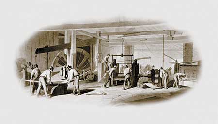 Created for and printed on Bank of Chester Valley notes about 1857, this illustration is  the earliest known image showing the inside workings of the Brandywine Iron Works & Nail Factory.