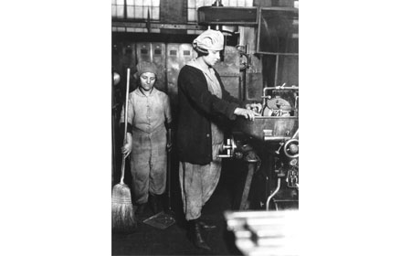 Woman Grinding a Gear Cutter and a Woman Sweeping, Nicetown PA, From the collection of NISHM