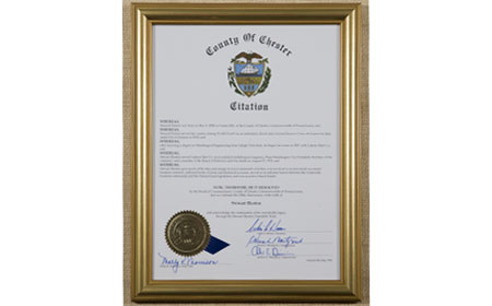 Citation from Chester County — This citation recognized Stewart for his lifetime of service, including his work during World War I. — National Iron & Steel Heritage Museum