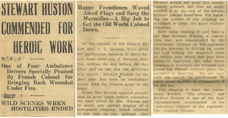 Printed just a month after the end of the war, the front page of the Coatesville Record newspaper featured an article about Steward Huston's service as an ambulance driver in France. — National Iron & Steel Heritage Museum